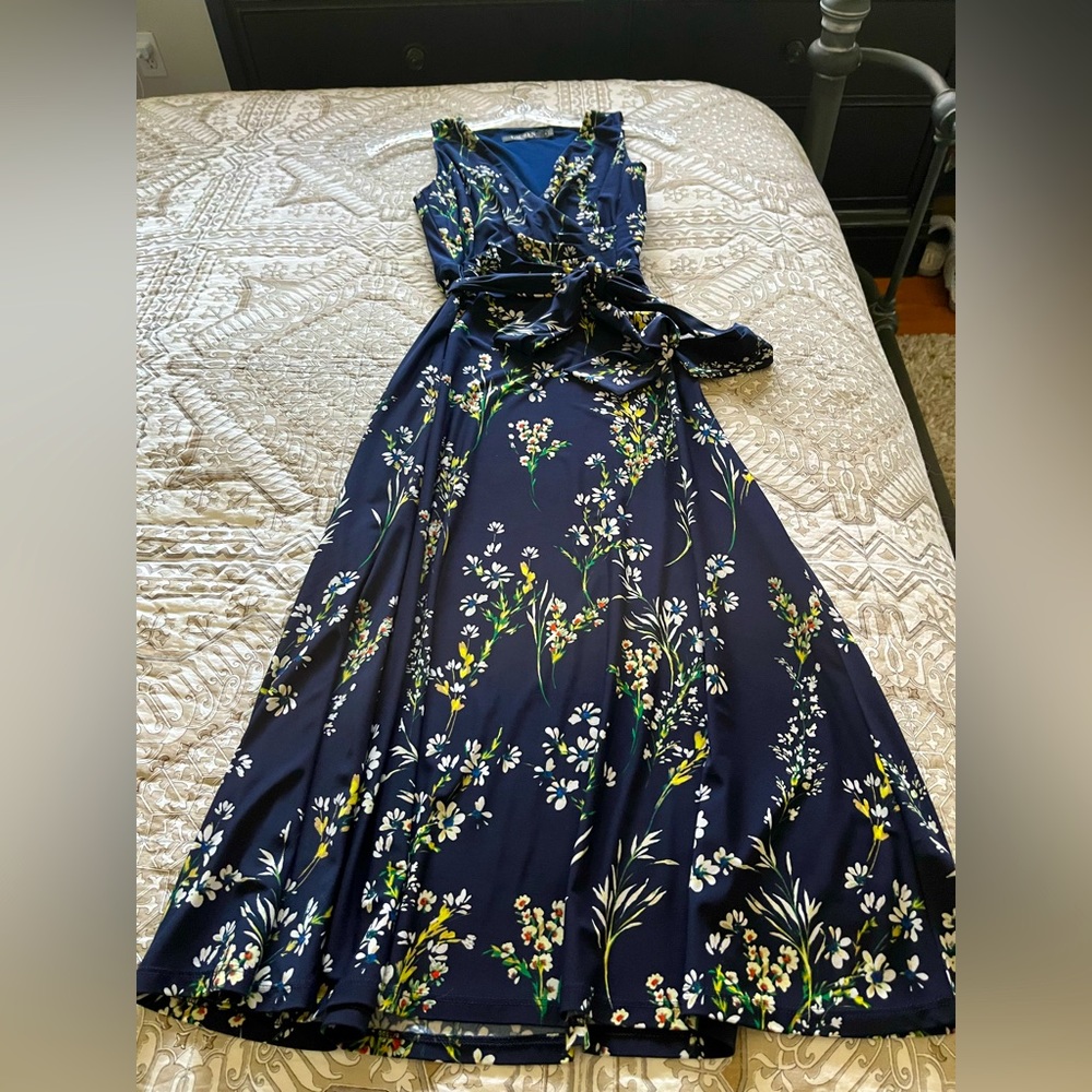 Lauren by Ralph Lauren sleeveless navy floral midi dress with tie belt.